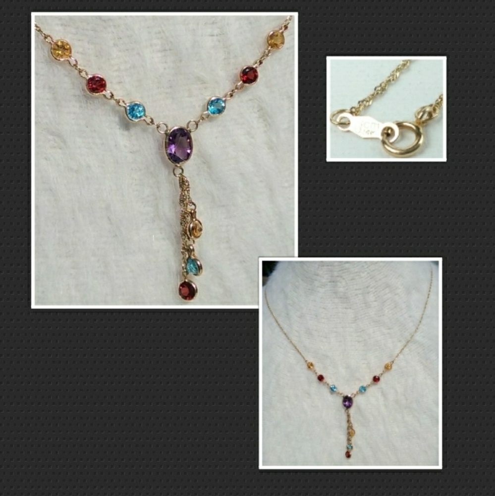 JCM 14kt Gold Y Shape Necklace with Gemstones